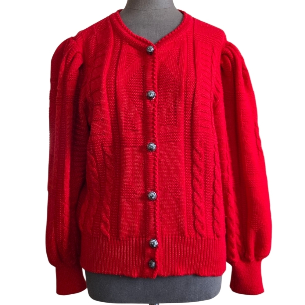 Vintage Red Austrian Wool Puff Sleeve Cardigan Size Large Salzburger Dirndl-look